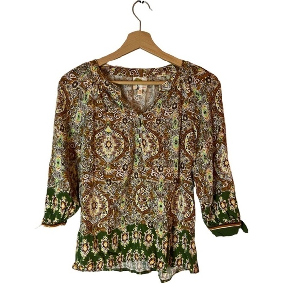 Anthropologie X Fig & Flower | Boho V-Neck Floral Button Blouse Small 3/4 Sleeve - Picture 2 of 8